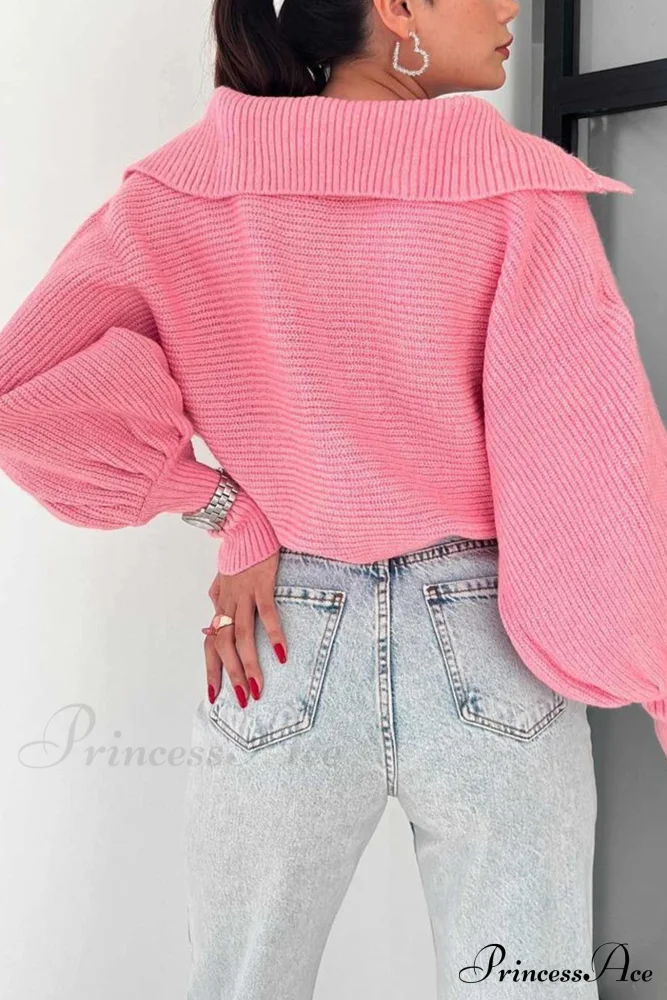 V Neck Puff Sleeve Sweater with Lapel - Image 4