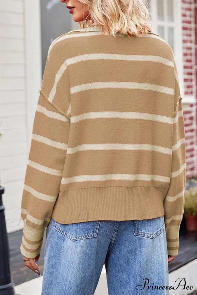 V-neck Striped Sweater with Lapel - Image 8