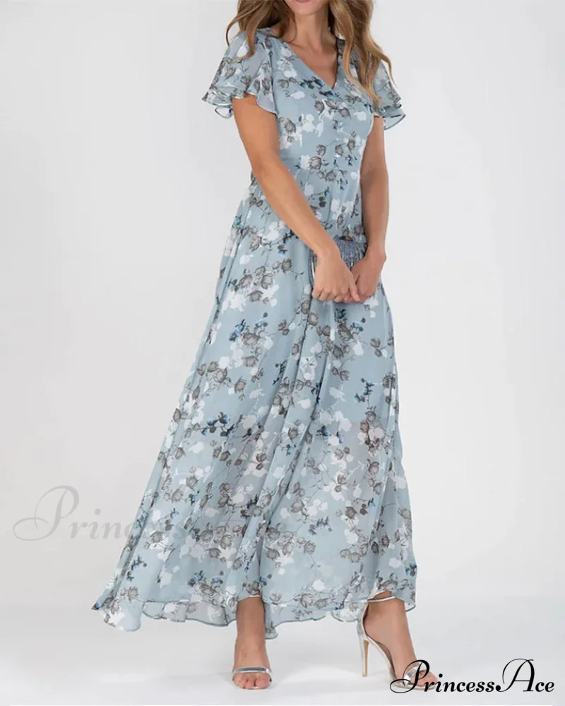 Floral Print Short Sleeve Long Dress