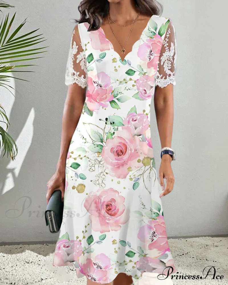 Lace Floral Print Short Sleeve Dress - Image 4