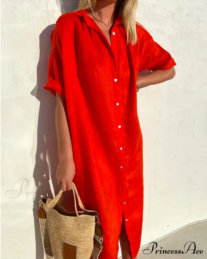 Solid Color Cotton Shirt Dress