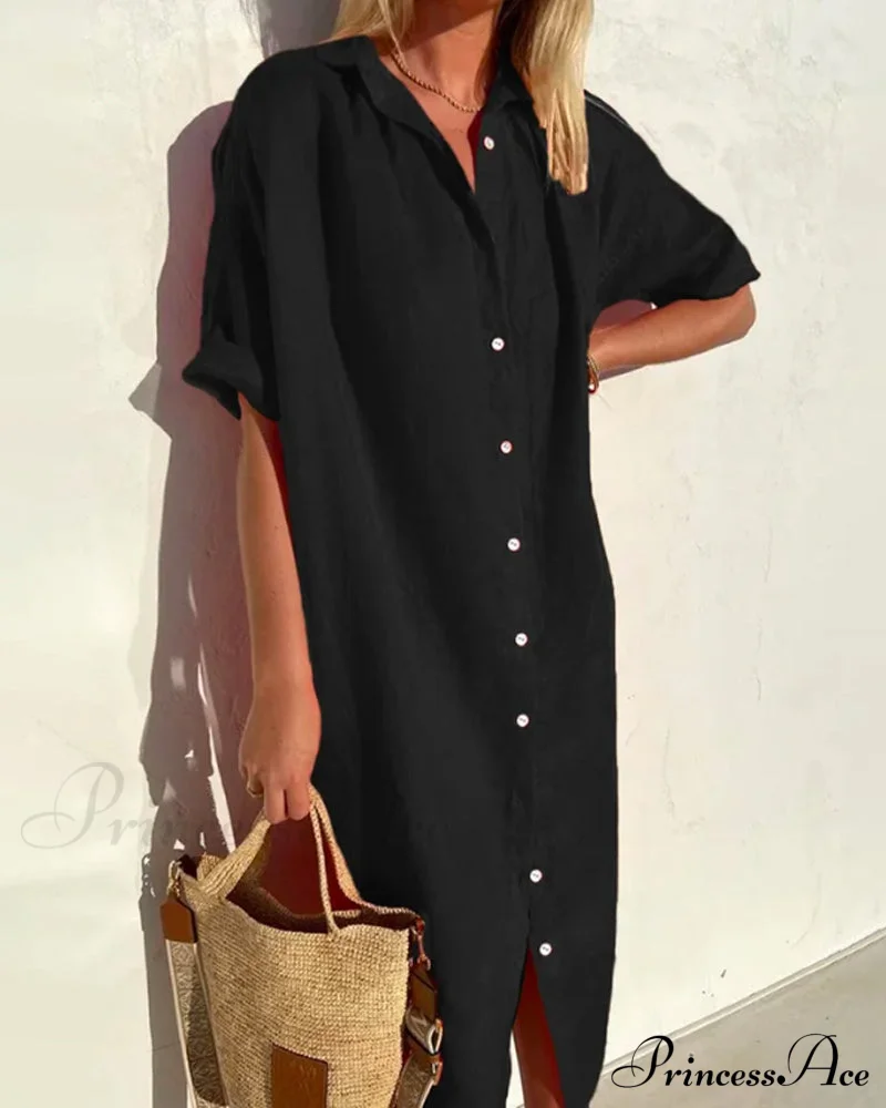 Solid Color Cotton Shirt Dress - Image 2