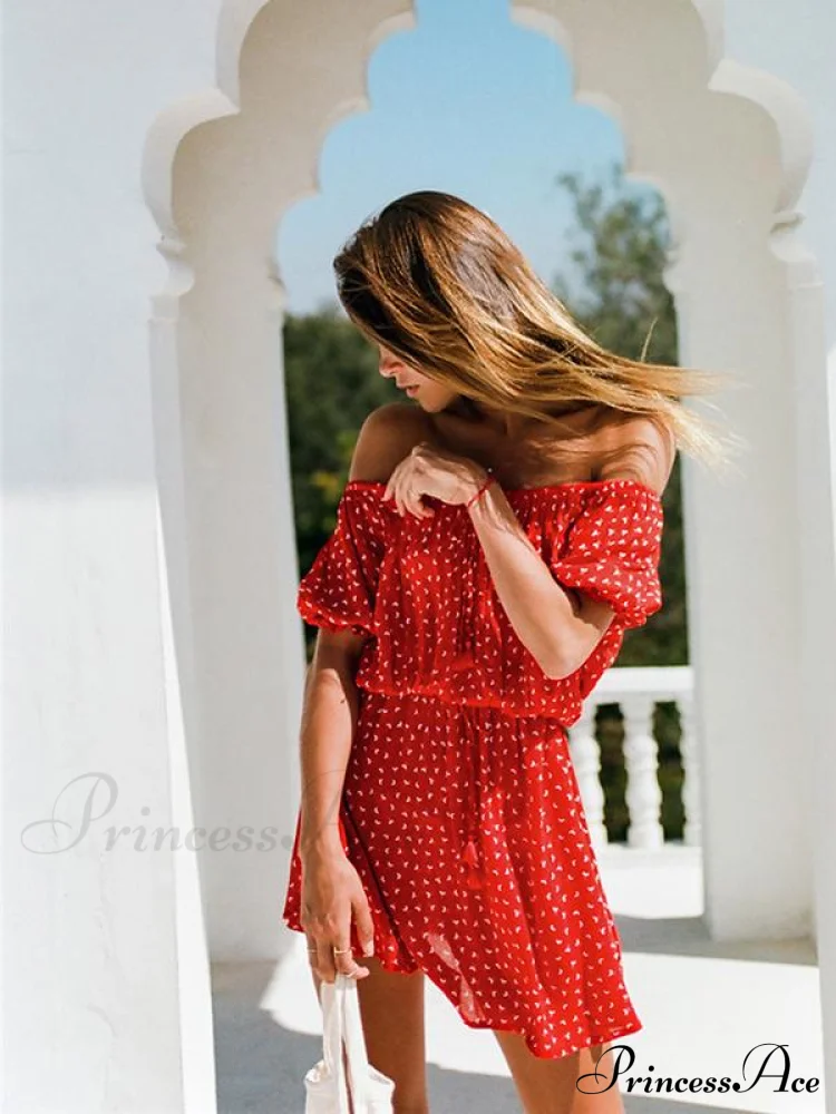 Summer Floral Printed Off-The-Shoulder Short Sleeves Mini Dress - Red - Image 3