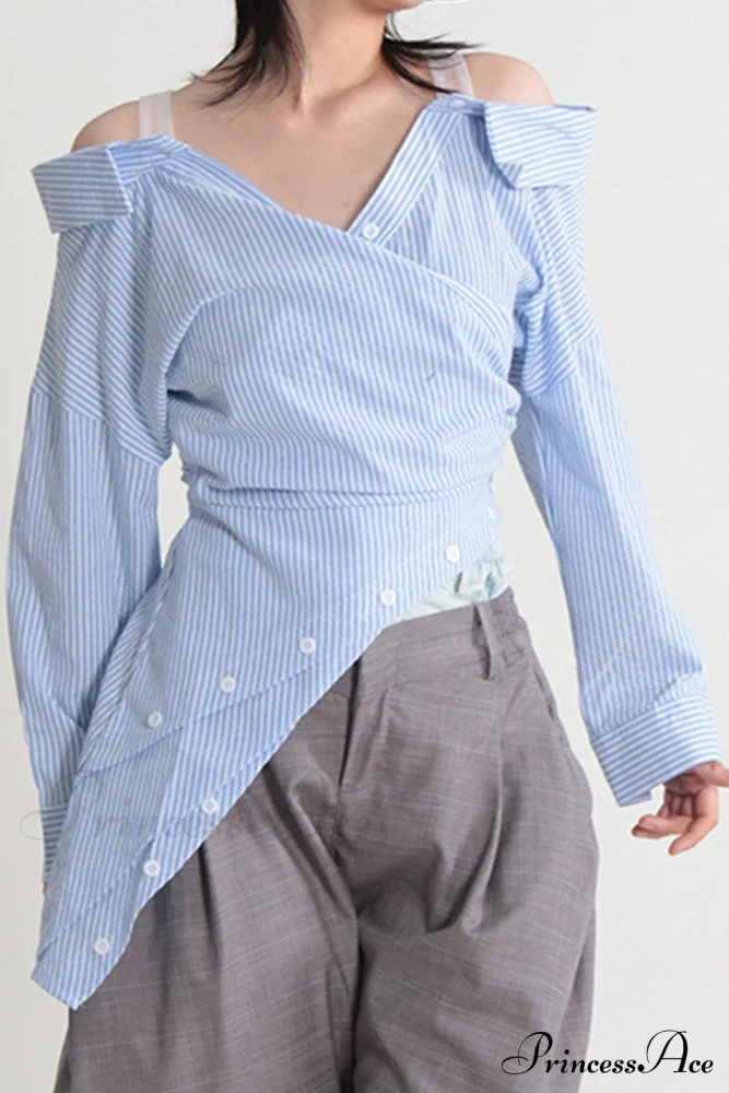 Off Shoulder Striped Blouse with Irregular Long Sleeves