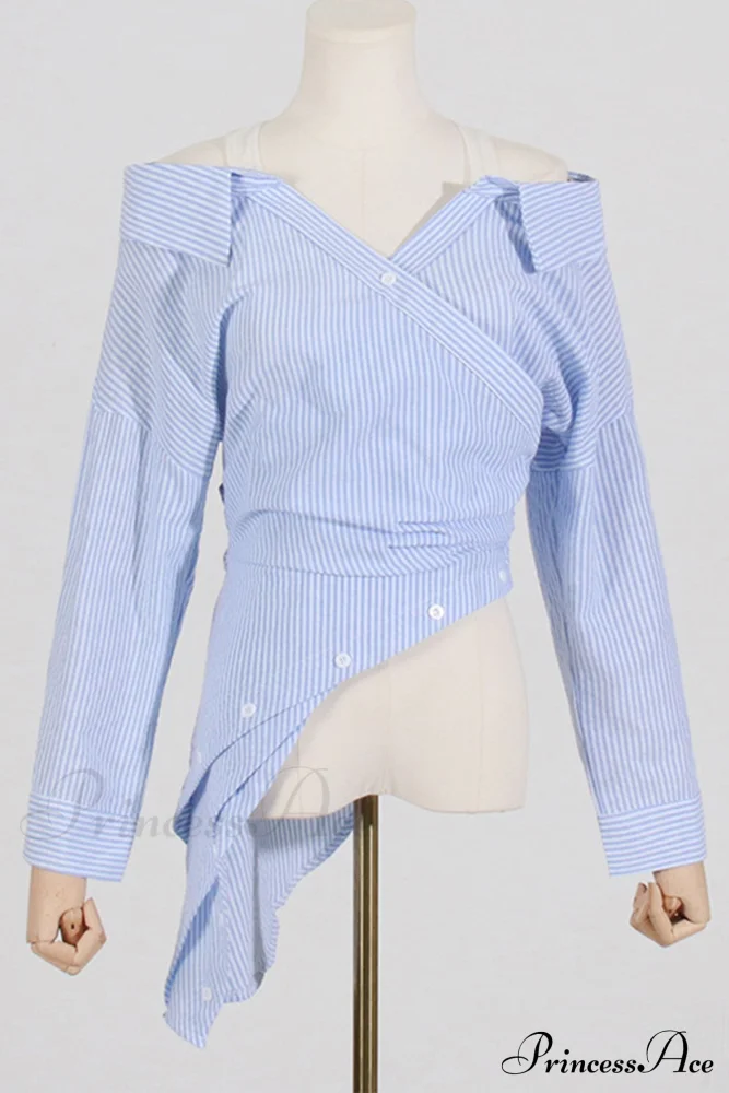 Off Shoulder Striped Blouse with Irregular Long Sleeves - Image 5