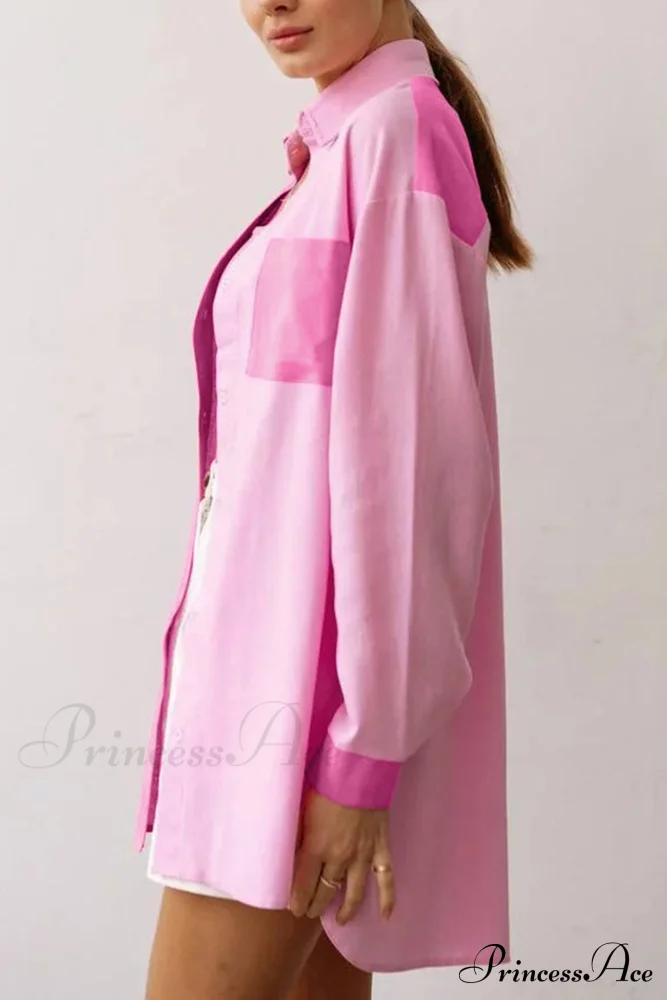 Pink Button-Up Long Sleeve Blouse with Lapel Pocket - Image 4