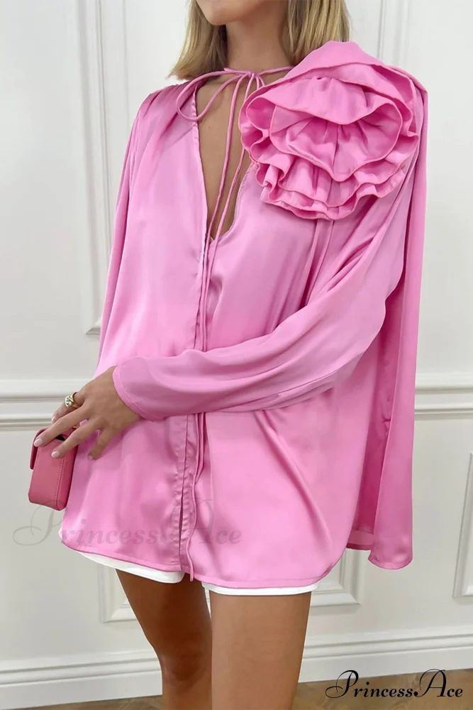 Pink V Neck Floral Lace-Up Blouse with Ruched Detail - Image 2