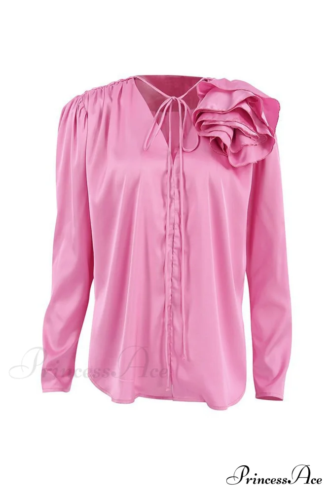 Pink V Neck Floral Lace-Up Blouse with Ruched Detail - Image 7