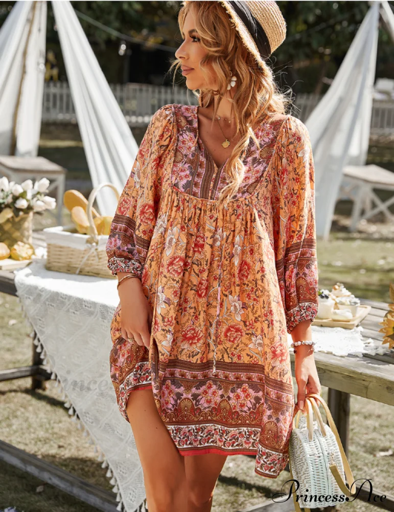 Boho Beach Dress Female Vintage Dress Printed Mini Casual 3/4 Sleeve Loose Elegant - Image 15