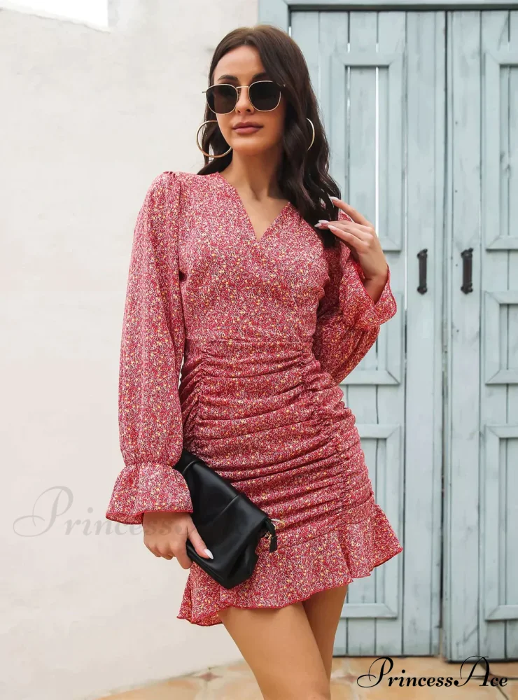 V-Neck Flounce Printed Chiffon Dress with Pleats