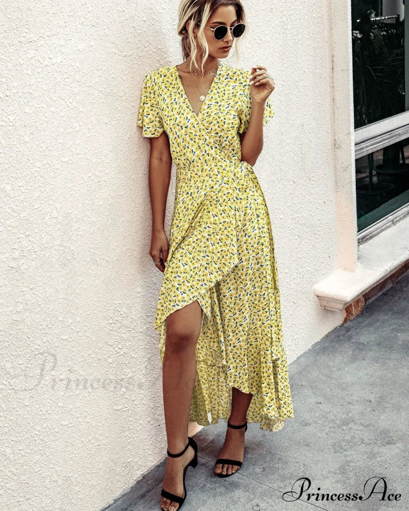 Pink Polka Dot V-Neck Ruffle Short-Sleeved Beach Vacation Summer Dress - Image 18