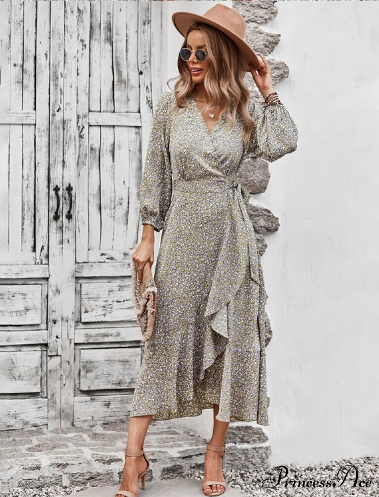 V Neck Full Sleeve High Waist Bandage Print Dress for Spring/Autumn - Image 12