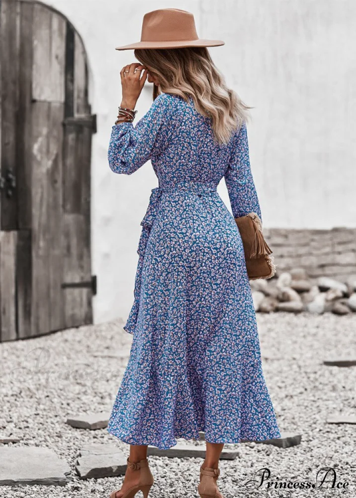 V Neck Full Sleeve High Waist Bandage Print Dress for Spring/Autumn - Image 15