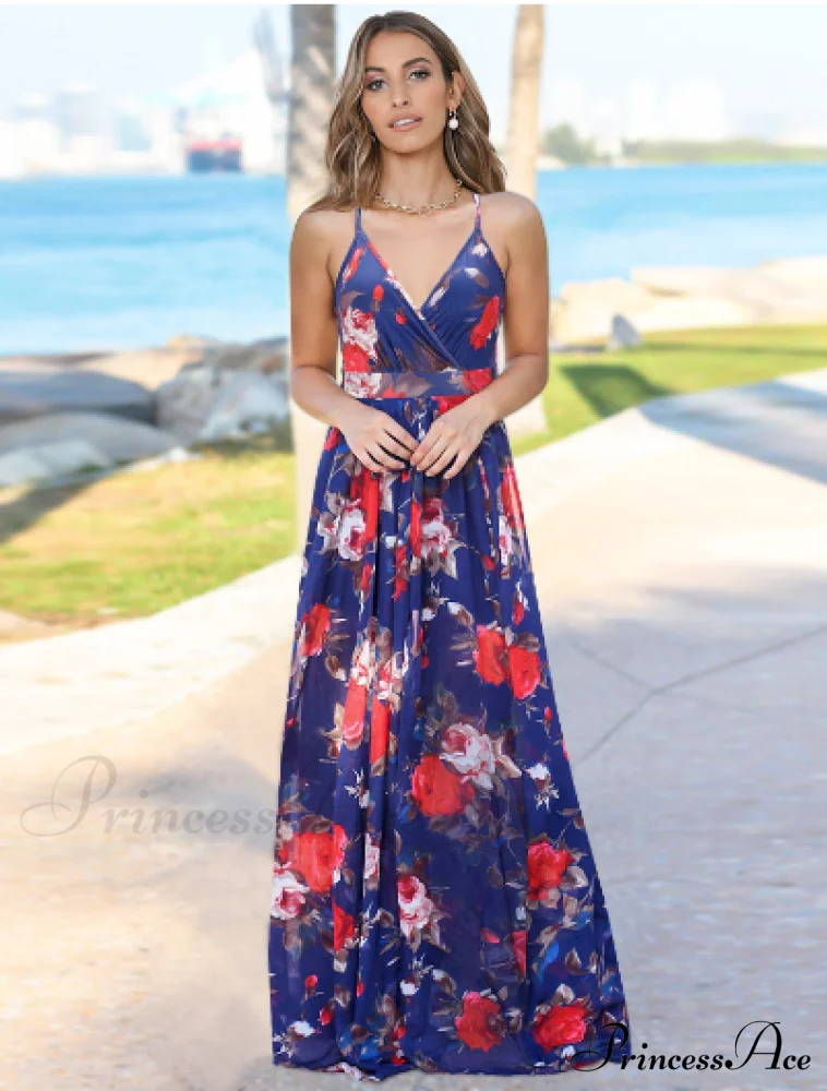 Deep V Neck Floral Print Beach Sling Maxi Dress