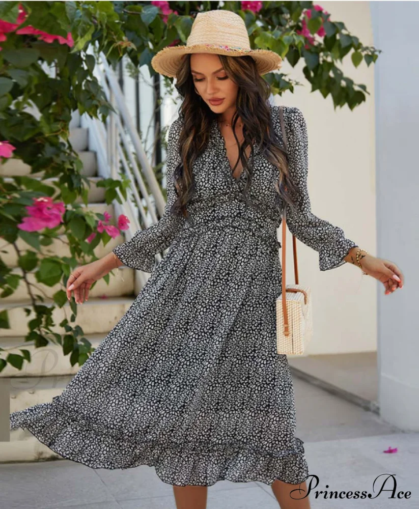 Spring V Neck Print Dress with Butterfly Sleeves and High Waist Ruffles in Chiffon Midi Length - Image 5