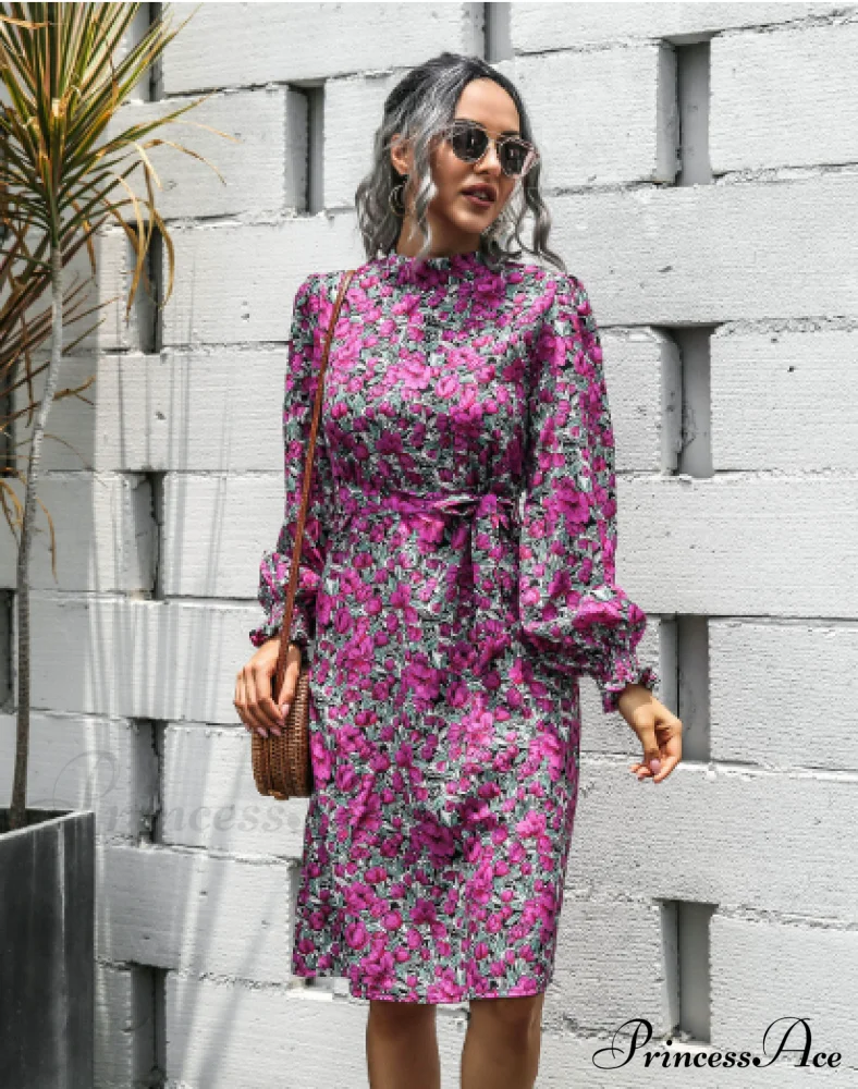 Floral Lace A-Line Skirt with Stand-Up Collar and Lantern Sleeves Dress - Image 13