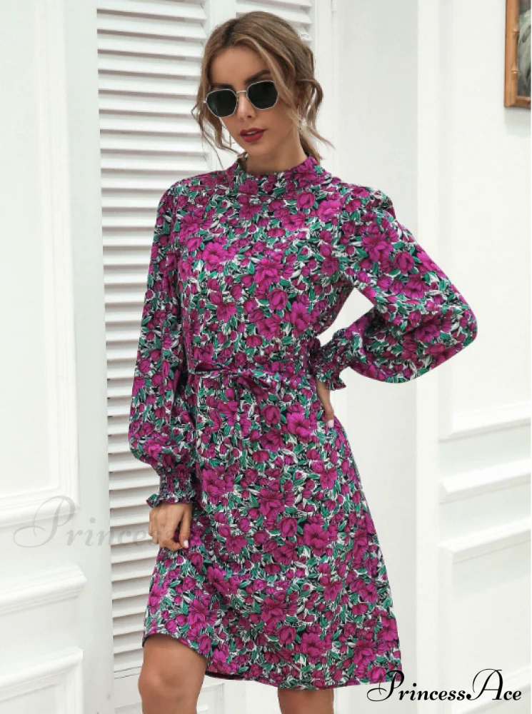Floral Lace A-Line Skirt with Stand-Up Collar and Lantern Sleeves Dress - Image 2