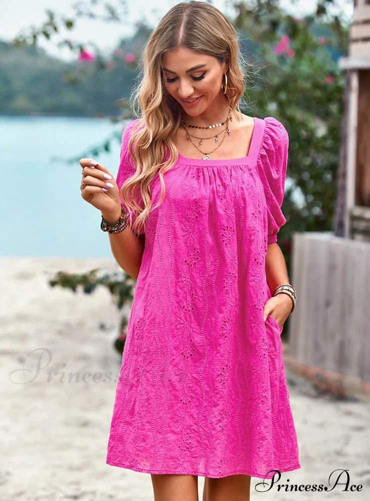 SOLID COLOR OPENWORK JACQUARD DRESS WITH SQUARE COLLAR