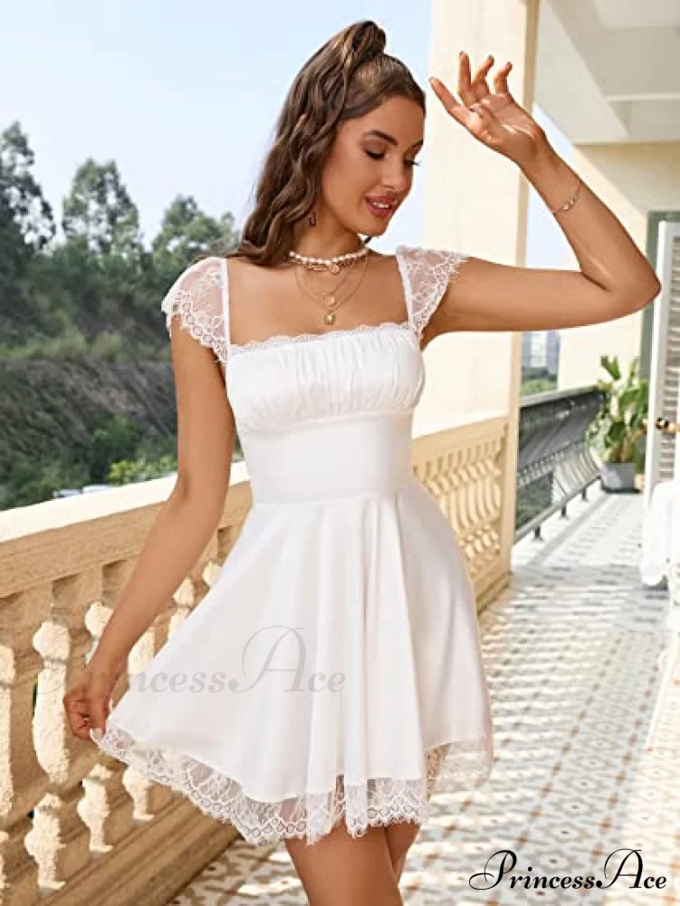 Square Neck Flowy Ruched Bust Dress with Lace - Image 4