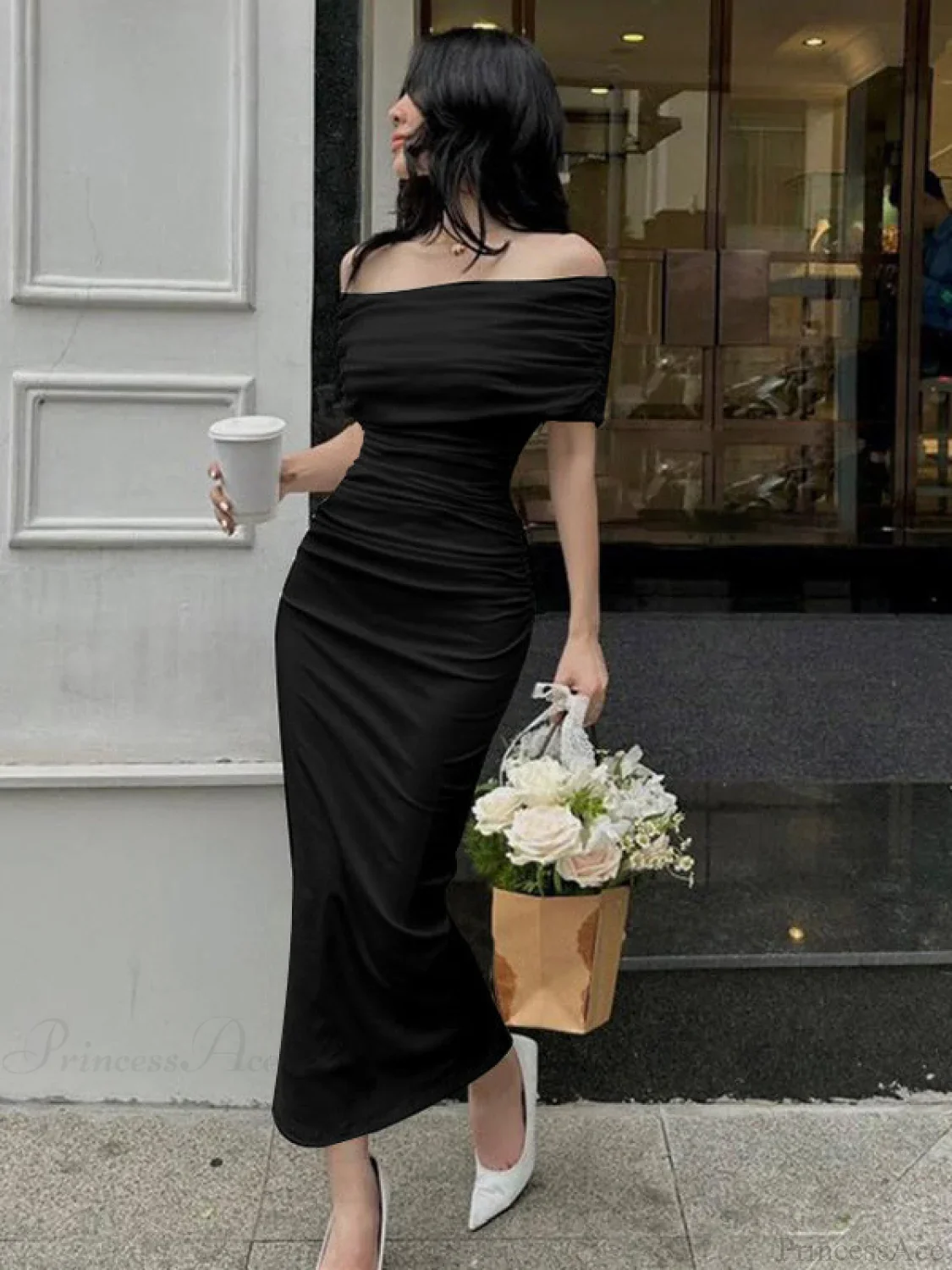 Pink Off Shoulder Bodycon Midi Dress - Image 5