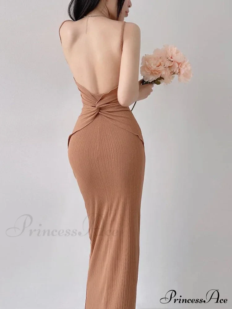 Khaki Midi Bodycon Dress with Spaghetti Straps and Ruched Detail - Image 6