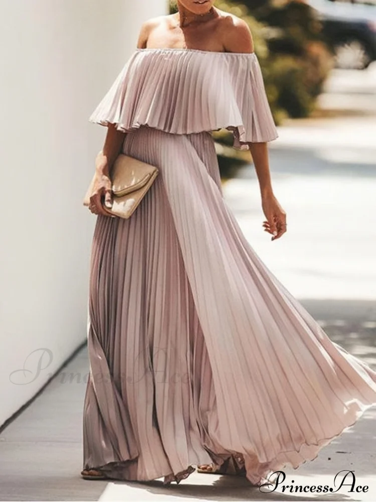 Off Shoulder Pleats Chiffon Maxi Dress for Summer