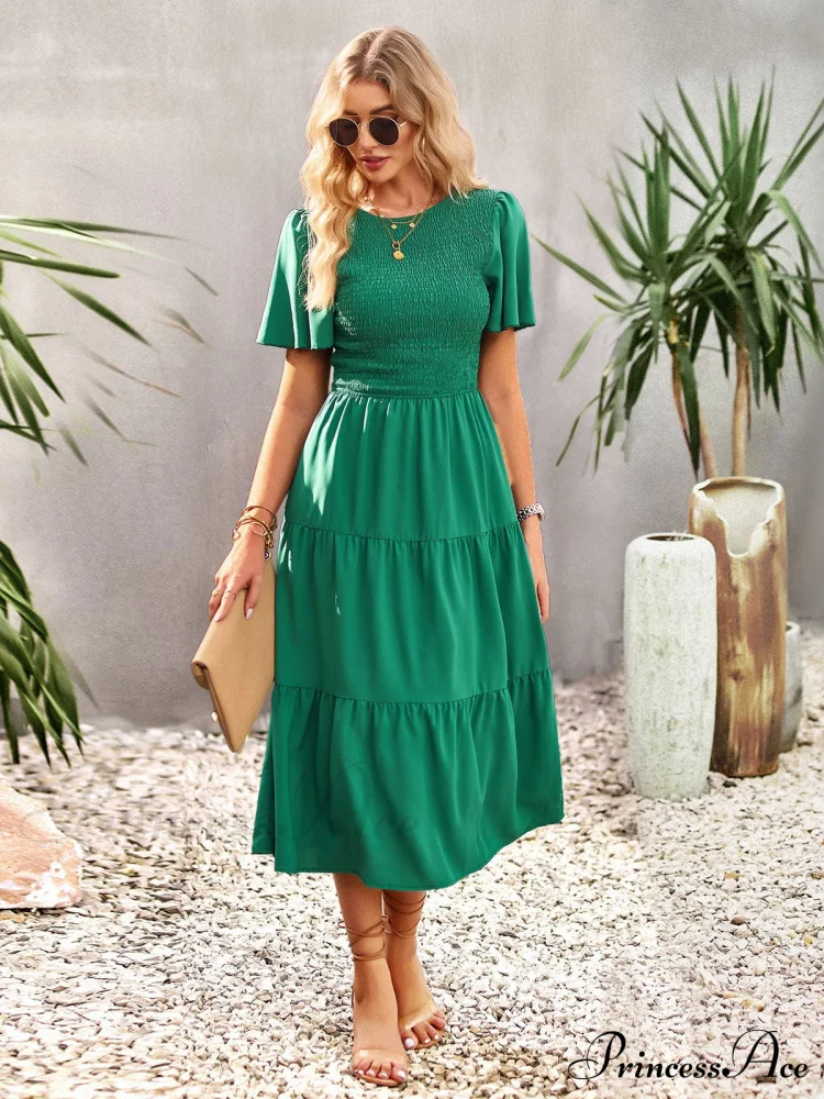 Blue Green Puff Sleeve Smocked Ruffle Tiered Midi Dress - Image 5