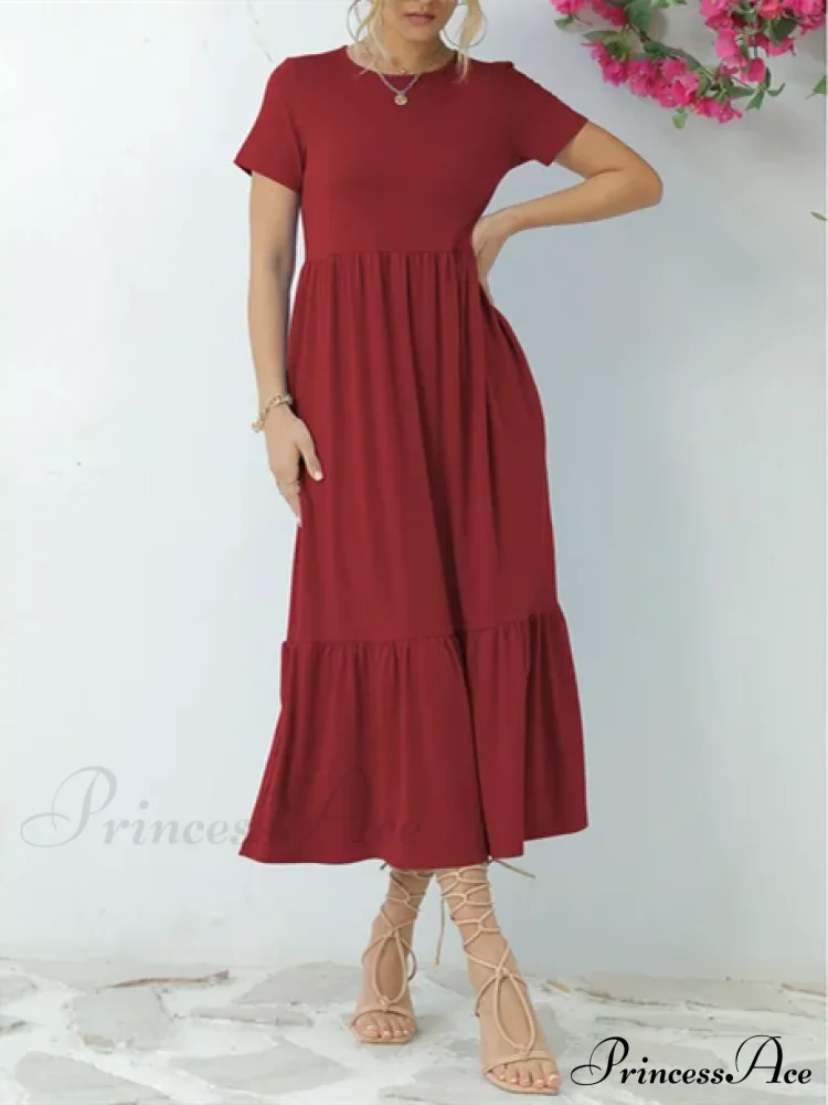 Tiered Maxi Beach Dress with Pockets - Short Sleeve