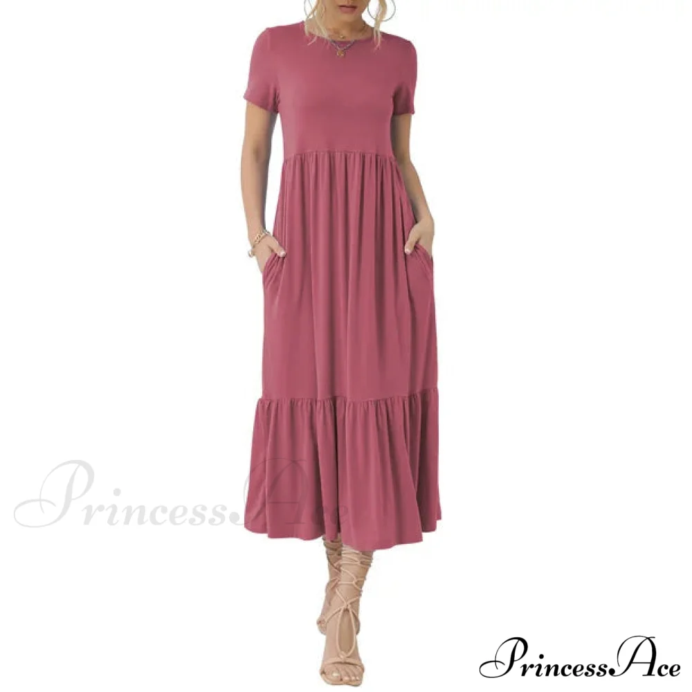 Tiered Maxi Beach Dress with Pockets - Short Sleeve - Image 4