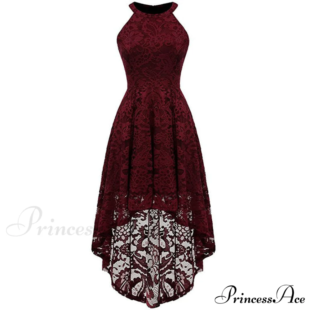 High Low Halter Neck Backless Dress with Lace - Image 9