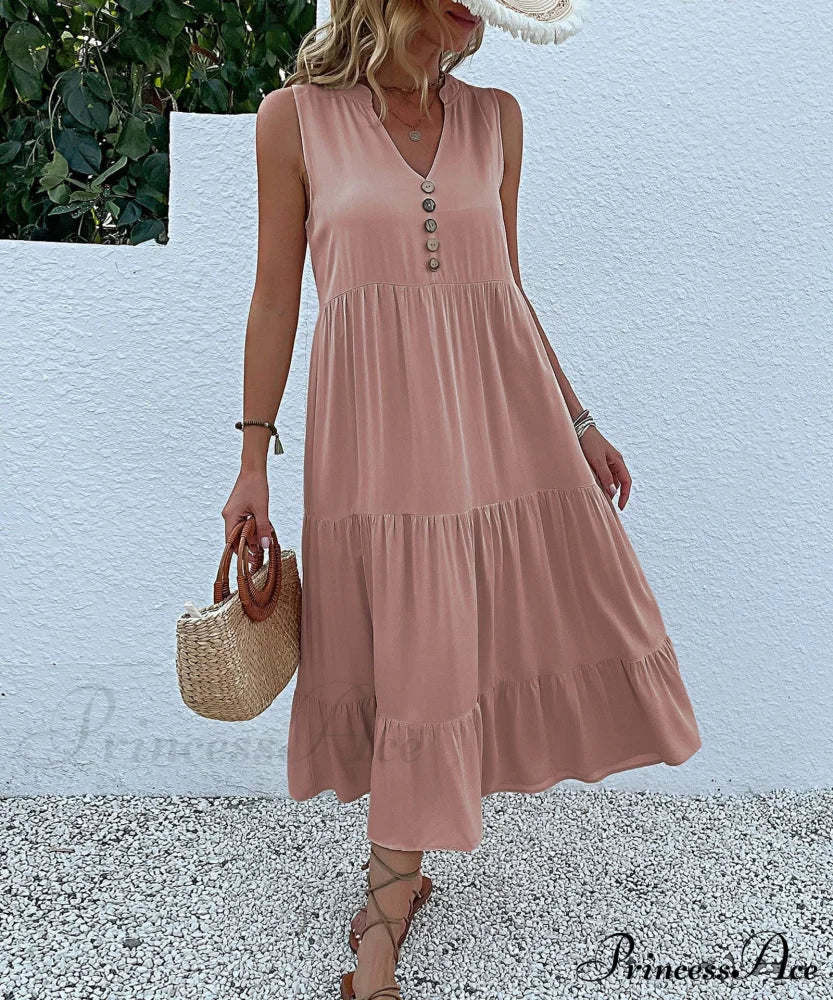 V Neck Button Layered Hem Smock Dress - Image 11