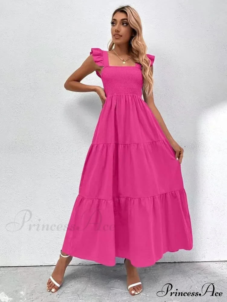 Pink Ruffled Straps Smocked Dress