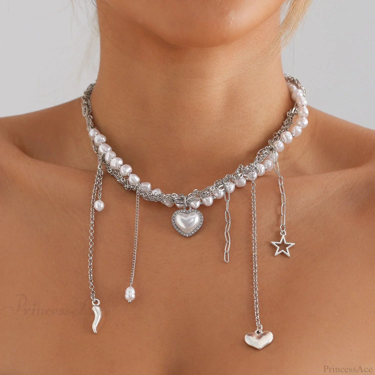 Multi-layer Heart Tassel Pearl Star Pendant Necklace - Image 3