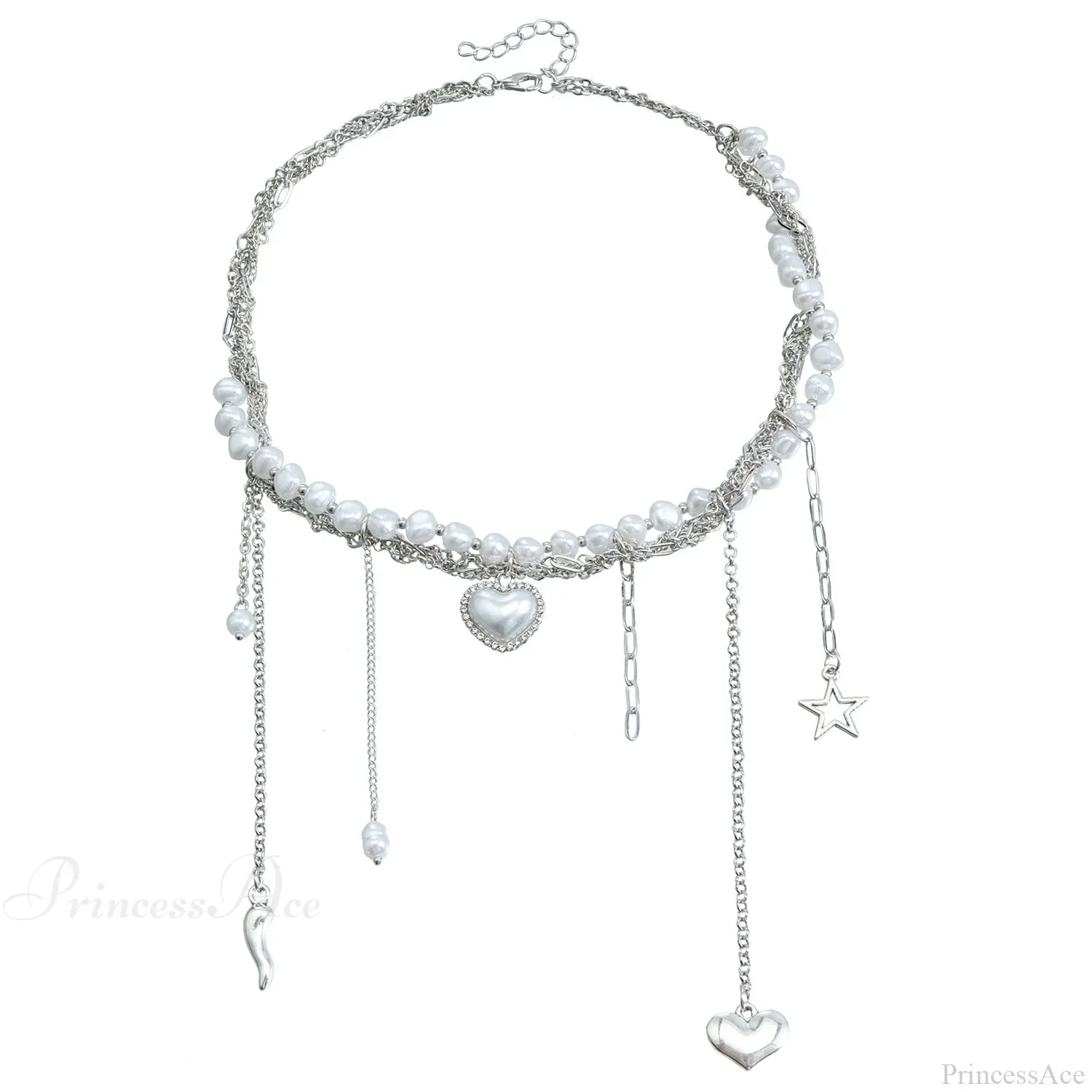 Multi-layer Heart Tassel Pearl Star Pendant Necklace - Image 4
