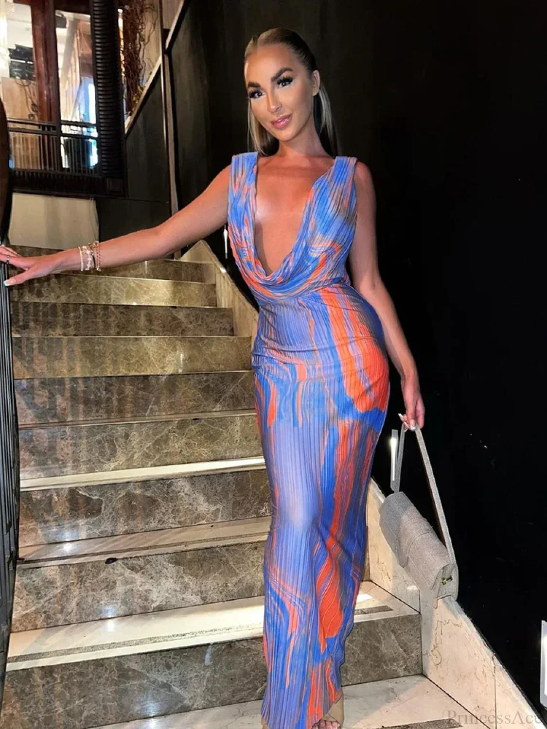 Print Deep V Neck Maxi Vacation Dress - Image 2