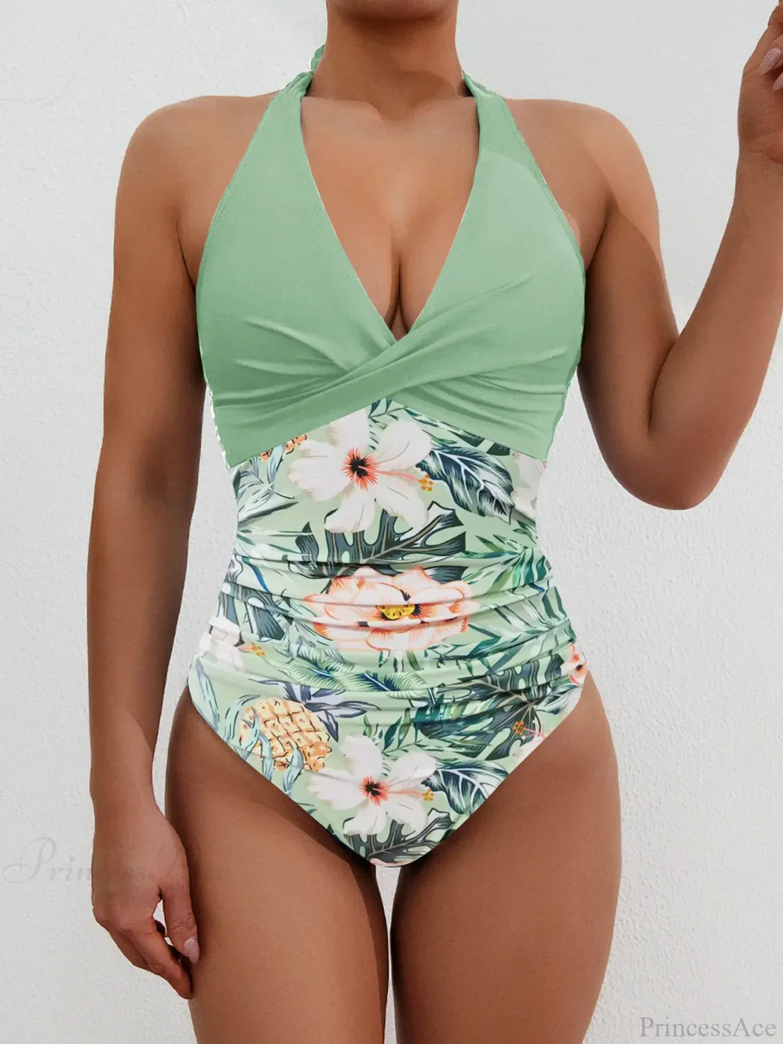 Print Patchwork Halter Push Up One Piece Set - Image 3