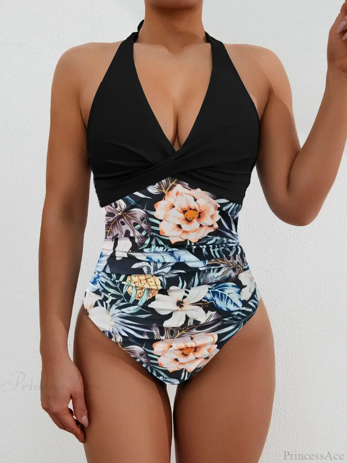 Print Patchwork Halter Push Up One Piece Set - Image 4