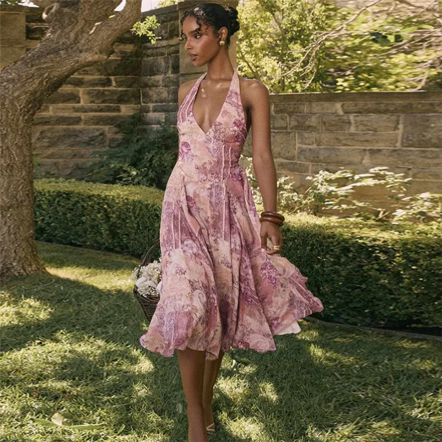 Print Pleated A-line Vacation Dress - Image 5