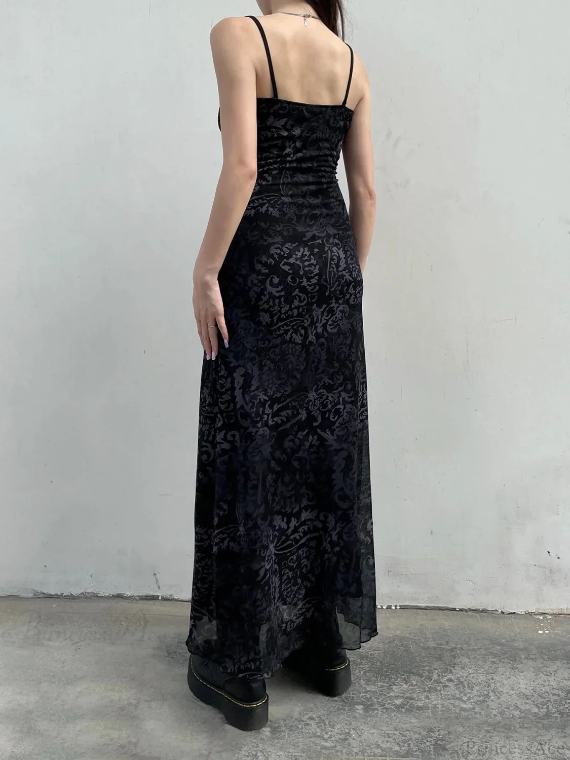 Printed Decorative Trim Mesh Full-Length Dress - Image 2