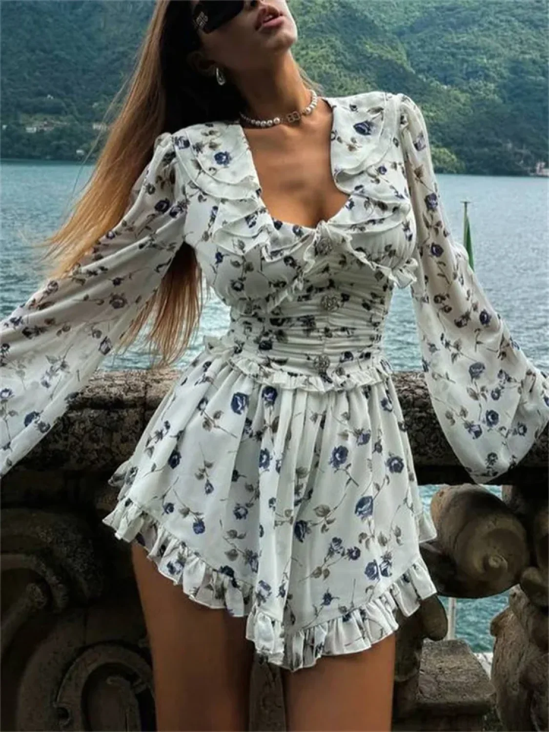 Printed Drawstring Bandage Mini Dress - Image 2