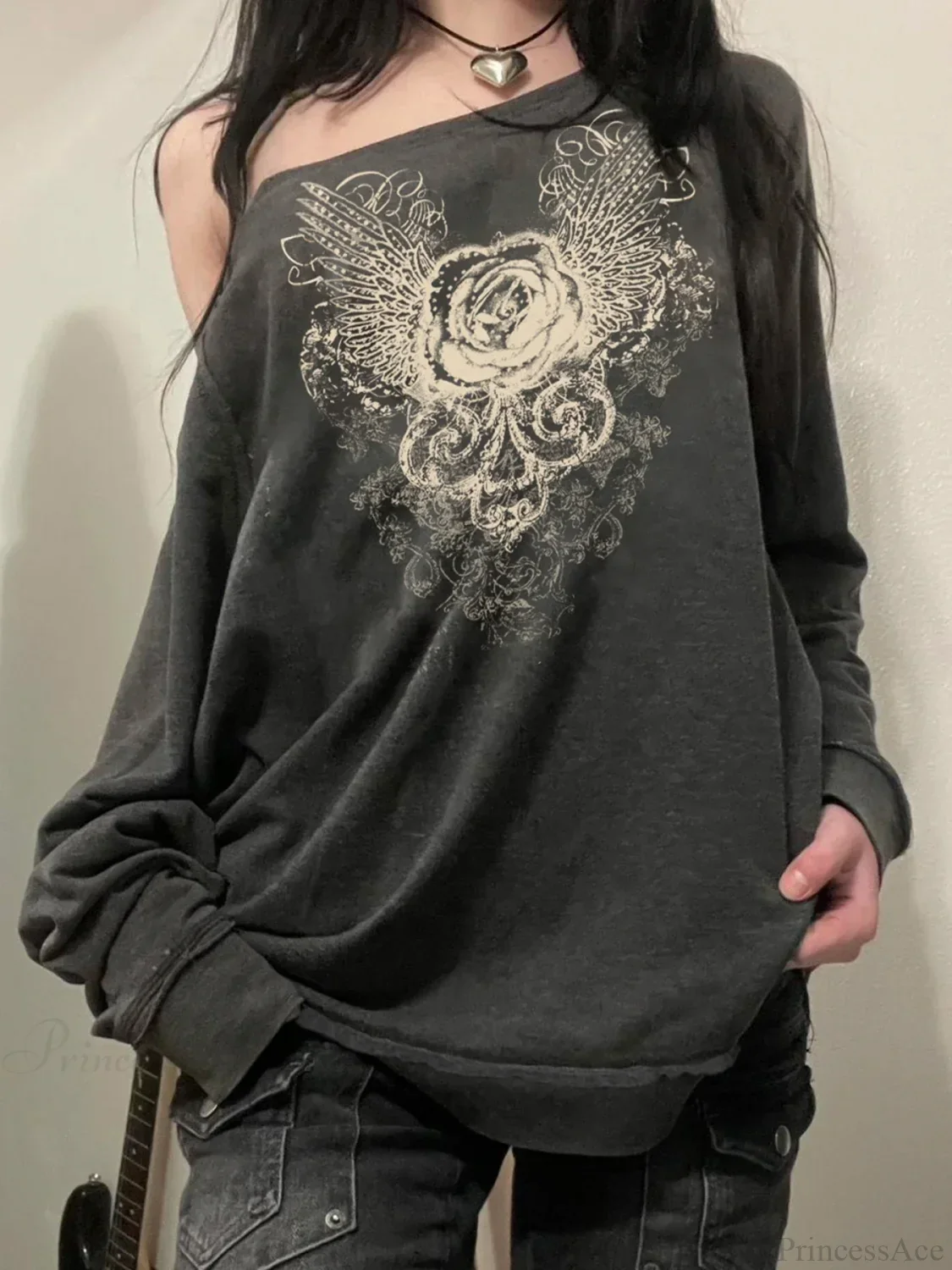 Printed Off-Shoulder Sweatshirt Vintage Loose Long Sleeve Pullover Sweater - Image 2