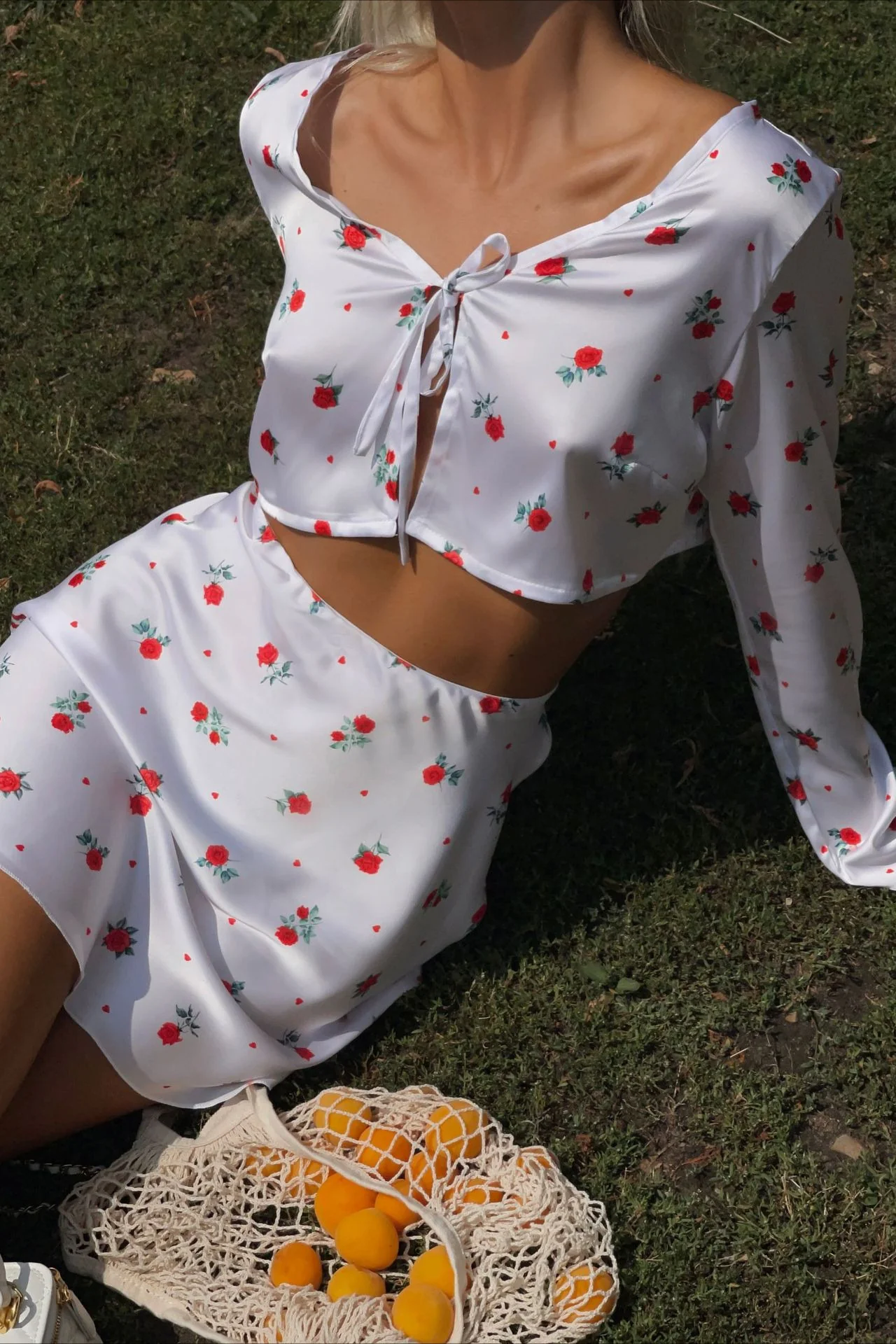 Printed Satin Long Sleeve Cardigan Skirt Two Piece Set - Image 2