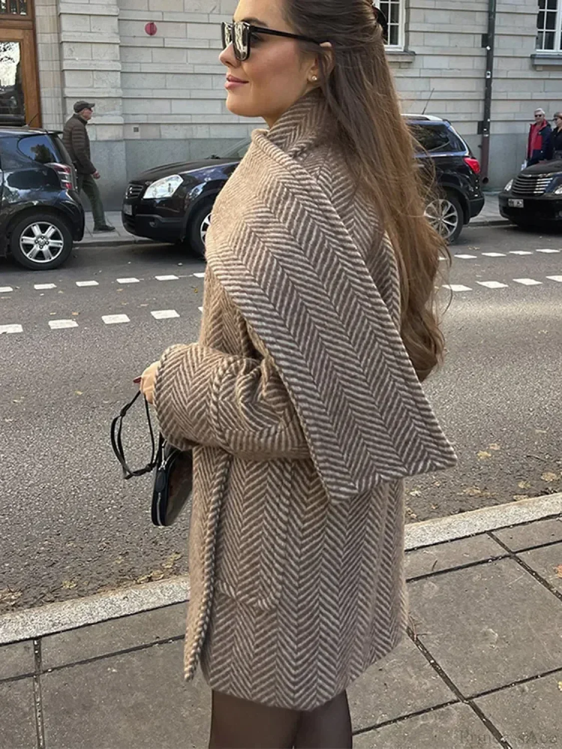 Printed Scarf Collar Woolen Coat - Image 2