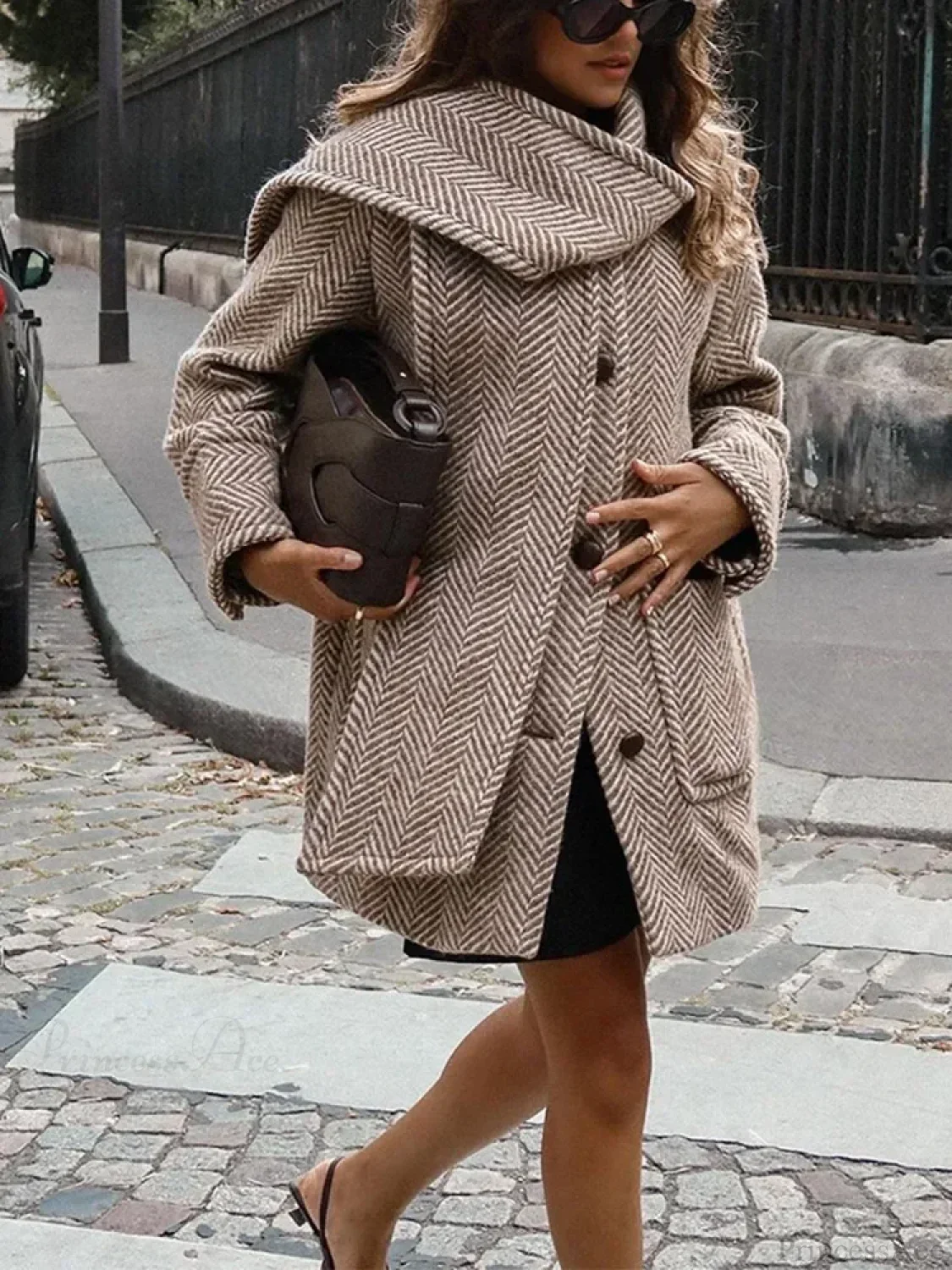 Printed Scarf Collar Woolen Coat - Image 4