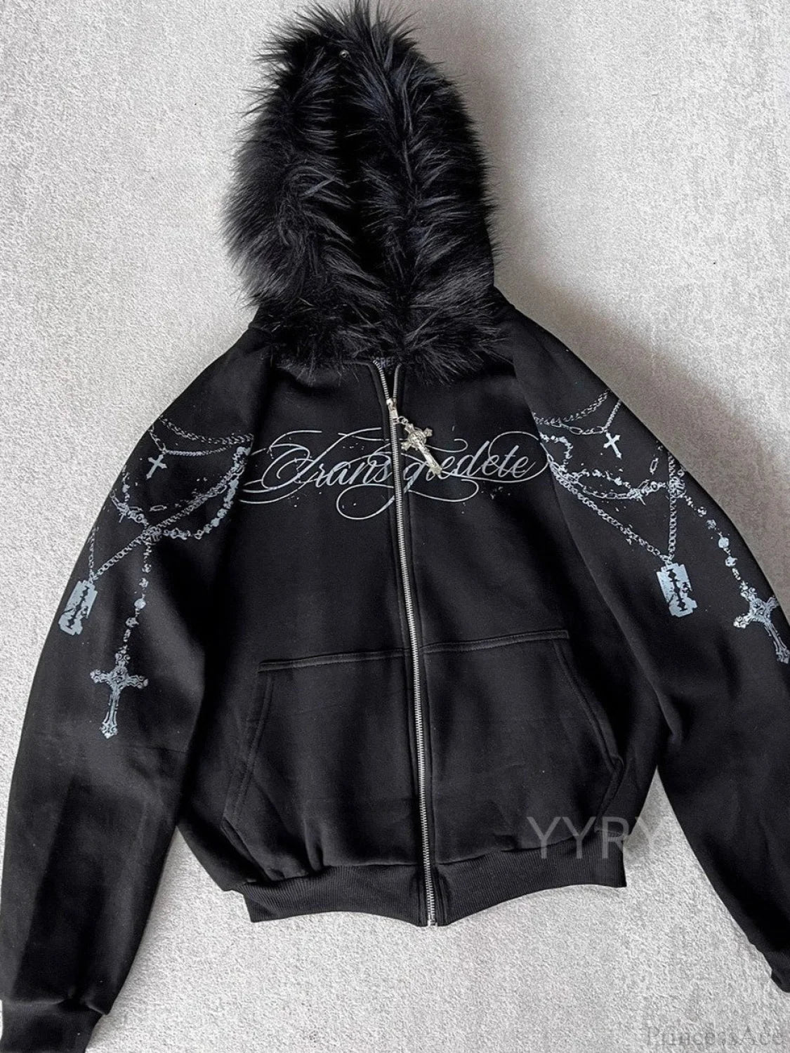 Printed Zipper Detachable Fur Hoodie - Image 2