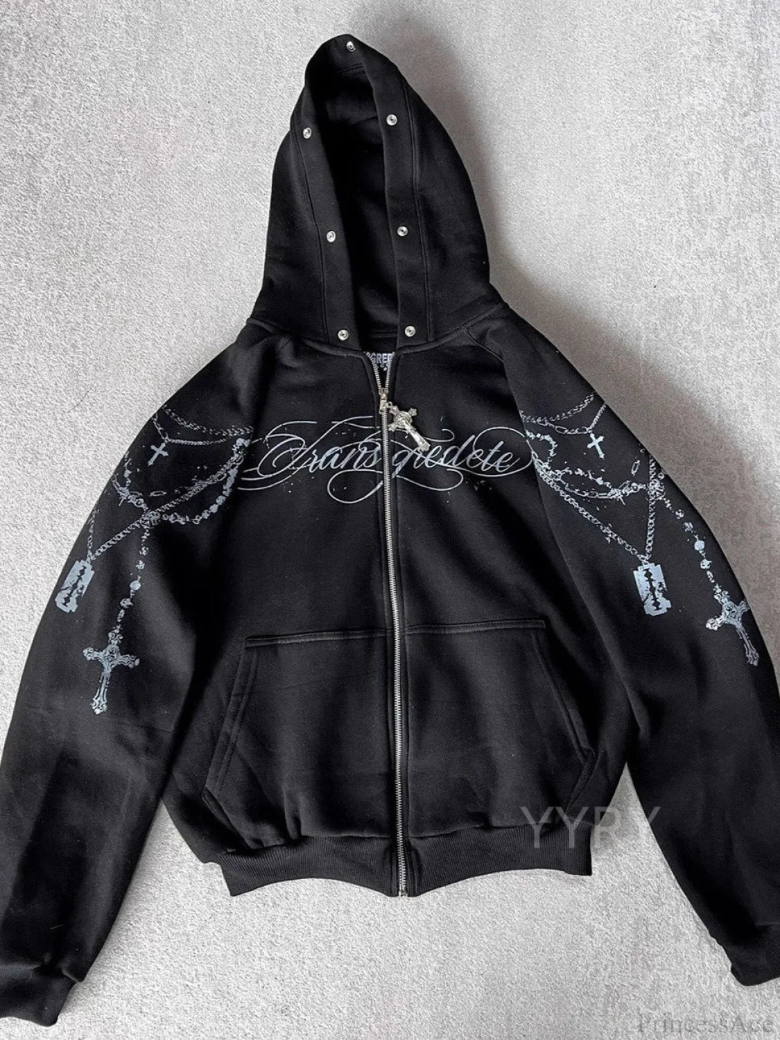 Printed Zipper Detachable Fur Hoodie - Image 3