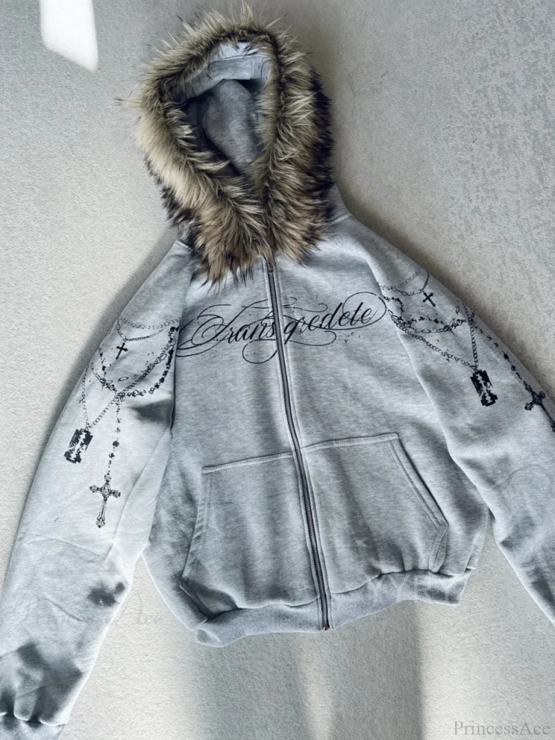 Printed Zipper Detachable Fur Hoodie - Image 4