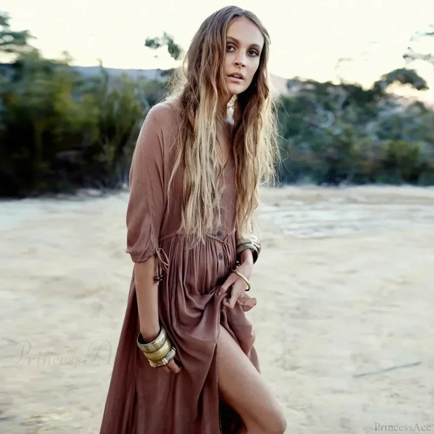 Printing Maxi Deep V Neck Stretch Boho Dress - Image 3