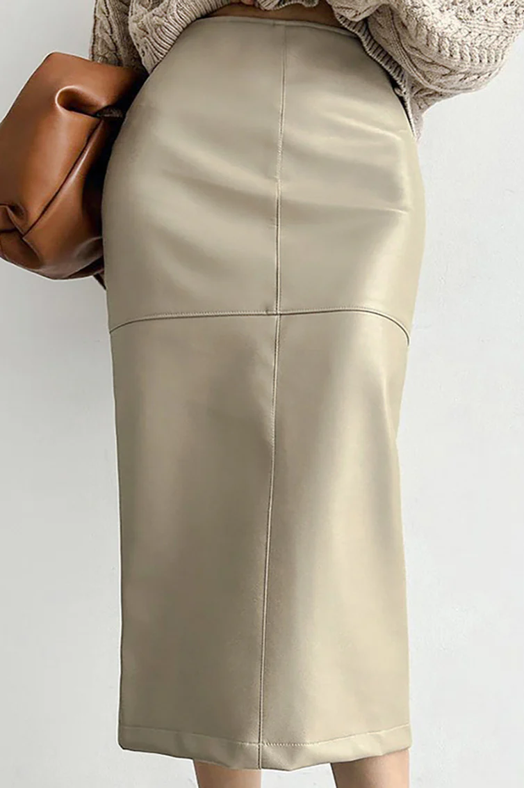 PU Leather High-Waisted Slit Midi Skirt - Image 2