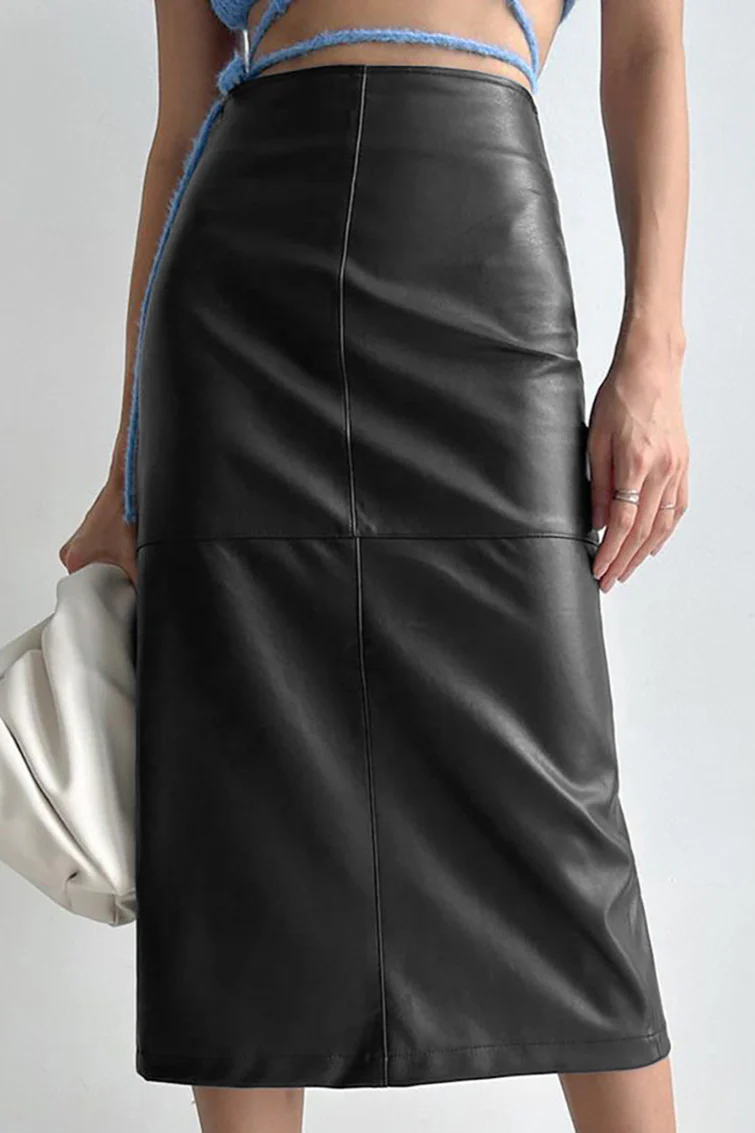 PU Leather High-Waisted Slit Midi Skirt - Image 3